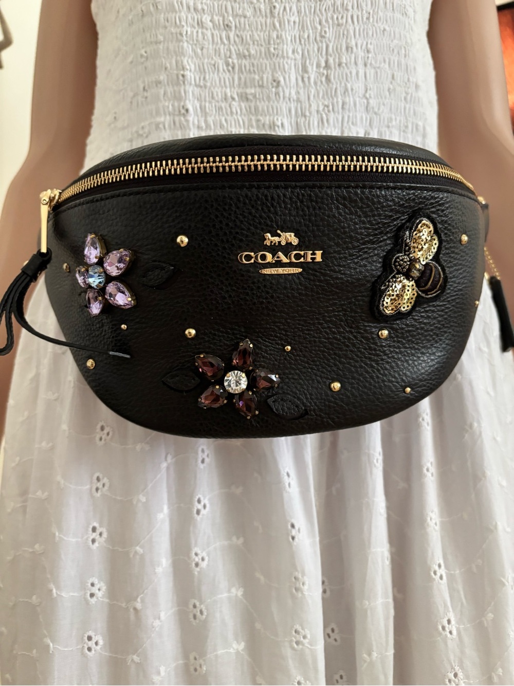 Coach Black Pebbled Leather Floral Embellished Belt Bag